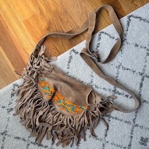 Fringe Suede Crossbody Bag with Beaded Accent